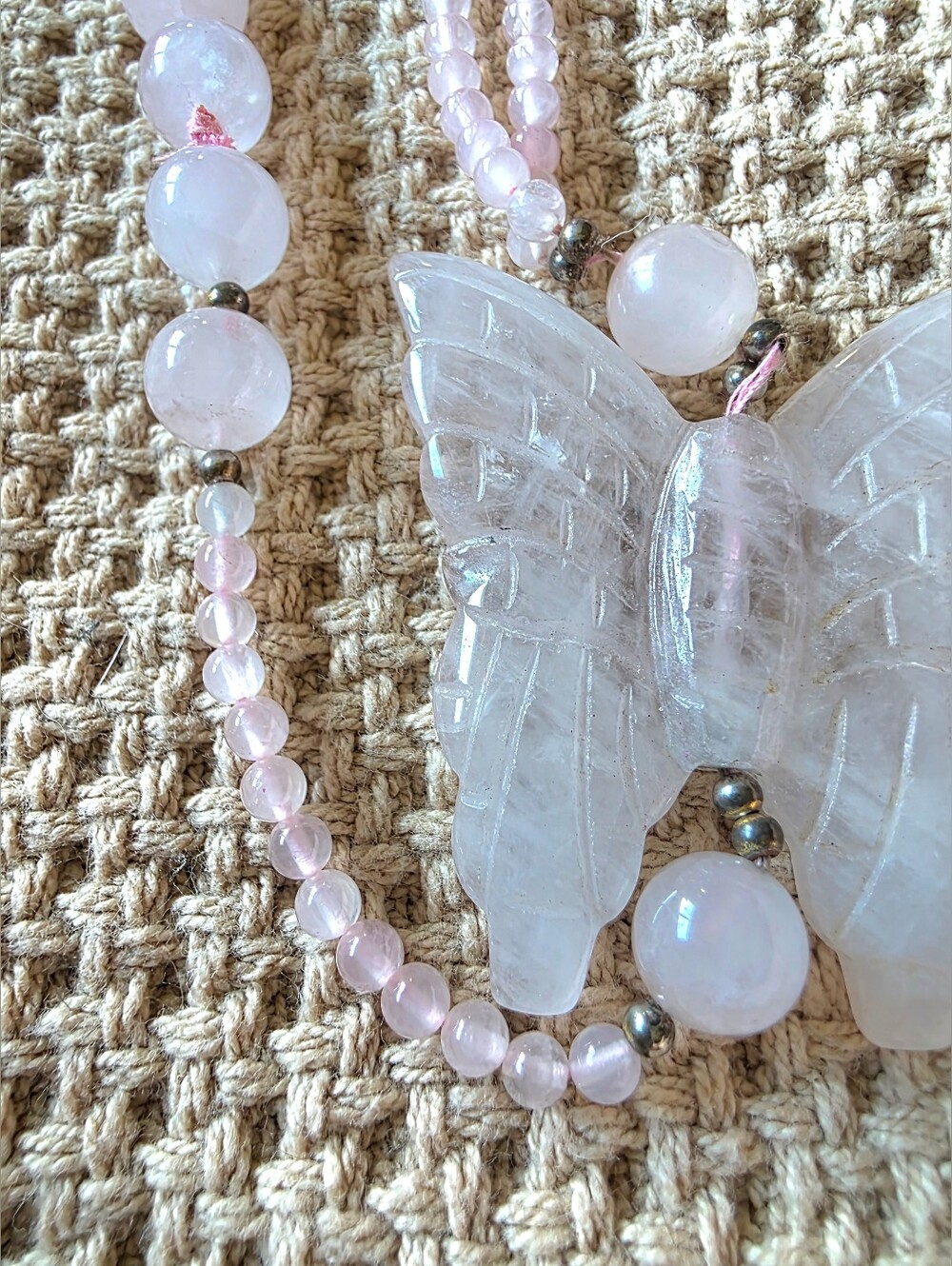 Vintage Artisan Rose Quartz Crystal Bead Necklace Butterfly Pendant - Picture 4 of 9